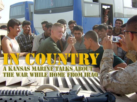 Kansas Marine, Cpl. Jeff Hodges (center, with blonde flat top), during his deployment in Iraq, 2006.