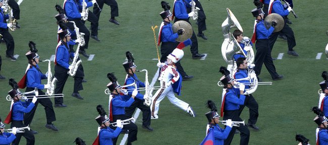 Members of the Kansas University Marching Band run through their formations during Band Day at KU on Saturday Sept. 8, 2007 at Memorial Stadium.  KU's Marching Band is among the smallest in the Big 12.