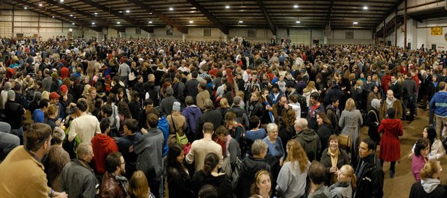 An estimated 2,218 Democratic caucus participants flood the Douglas County 4-H Fairgrounds in 2008. Barack Obama won more than 70 percent of the votes in Kansas caucuses.