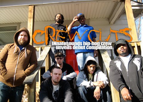 The Innatesounds crew includes (L to R) Miles Bonny, Aaron "Brother of Moses" Sutton (standing), Mike "Ubiquitous" Viglione (sunglasses), Kyle "Leonard Dstroy" Dykes (seated front), John "Stik Figa" Westbrook (KC cap), Donny "Godemis" King (with grill), and Marcus D. "Smoov Confusion" Johnson.