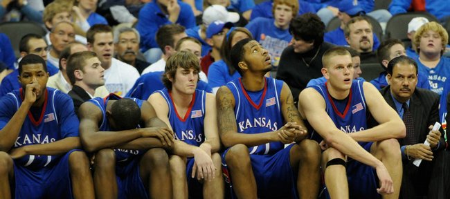 Disappointed faces fill the Kansas bench in overtime as the game slips away to Syracuse Tuesday, Nov. 25, 2008 at the Sprint Center in Kansas City, Mo.