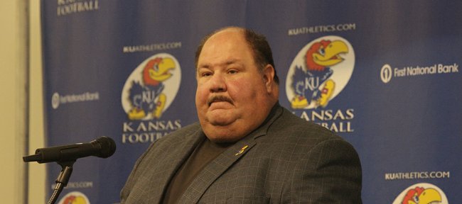 KU football coach Mark Mangino fielded questions about a recent meeting between football players and Athletic Director Lew Perkins at his weekly Tuesday press conference at the Anderson Family Football Complex.
