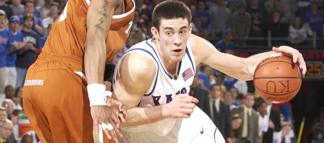 Kansas forward Nick Collison drives against Texas forward James Thomas on Jan. 27, 2003. Collison says he's happy Cole Aldrich is going to play with the Oklahoma City Thunder.
