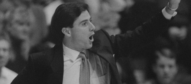 Kentucky Wildcat coach Rick Pitino gives instructions from the sidelines during KU's 150-95 blowout of Rick Pitino's Kentucky Wildcats in December, 1989.