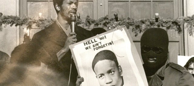 Protesters speak out against the death of Rick "Tiger" Dowdell at KU. Dowdell was killed by police on July 16, 1970.