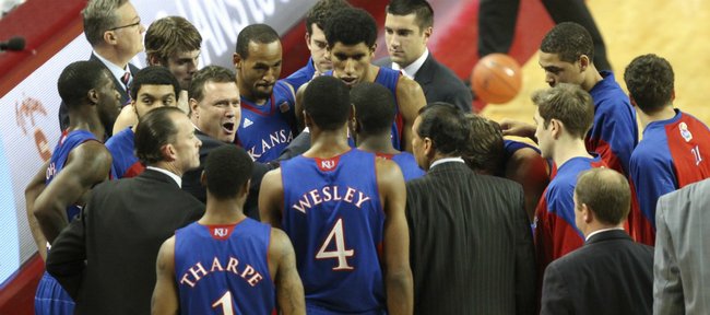 Kansas head coach Bill Self has some excited words for the Jayhawks during a timeout in the second half on Thursday, Dec. 22, 2011 at the Galen Center.