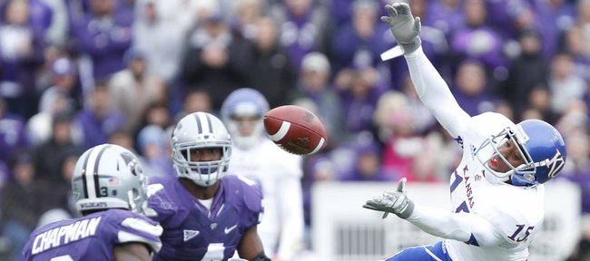 Kansas receiver Daymond Patterson loses hold of a catch before Kansas State defensive back Allen Chapman during the second quarter on Saturday, Oct. 6, 2012 at Bill Snyder Family Stadium in Manhattan.