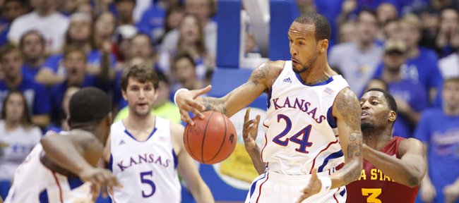 Kansas guard Travis Releford comes away with a steal from Iowa State forward Melvin Ejim during the first half on Wednesday, Jan. 9, 2013 at Allen Fieldhouse.