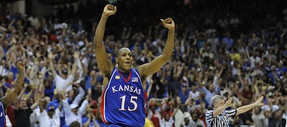 Kansas' Mario Chalmers and Sherron Collins celebrate after beating Memphis on Monday, April 7, 2008 at the Alamodome in San Antonio, Texas.