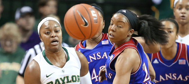 Kansas guard CeCe Harper, right, and Baylor guard Odyssey Sims eye a possession in the Bears’ 75-55 victory Sunday in Waco, Texas.
