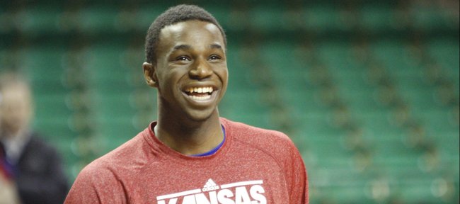 Kansas guard Andrew Wiggins laughs with teammates during a shoot around before the start of the Jayhawks game against Baylor Tuesday, Feb. 4, 2014 at Ferrell Center in Waco, Texas...