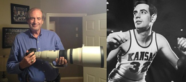 Former Kansas University forward Howard Arndt, pictured at right during his basketball career at KU (1966-69), now spends his time shooting photos of bald eagles throughout the United States.