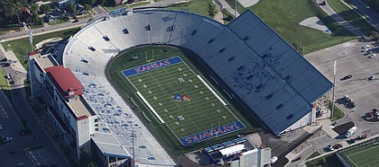 The new turf-covered areas of Kansas University's Memorial Stadium are shown in this aerial photo from Sept. 4, 2014. During the summer, KU removed the running track that surrounded the football field.