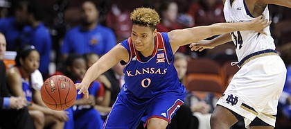 Kansas University's Asia Boyd (0) and Notre Dame's Markisha Wright fight for a possession during the second half of Notre Dame's 89-47 victory Sunday in Uncasville, Connecticut.