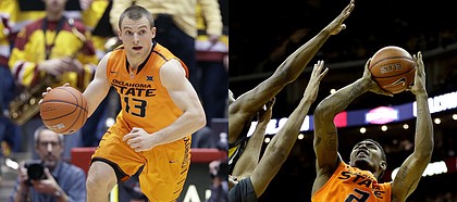 Oklahoma State's Phil Forte III, left, and Le'Bryan Nash rank 1-2 in scoring in the Big 12 heading into Tuesday's meeting at Kansas University.