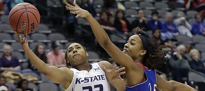 Kansas State guard Ashia Woods (23) shoots against Kansas forward Caelynn Manning-Allen (25) during the first half of an NCAA college basketball game in the first round of the Big 12 Conference tournament Friday, March 6, 2015, in Dallas.