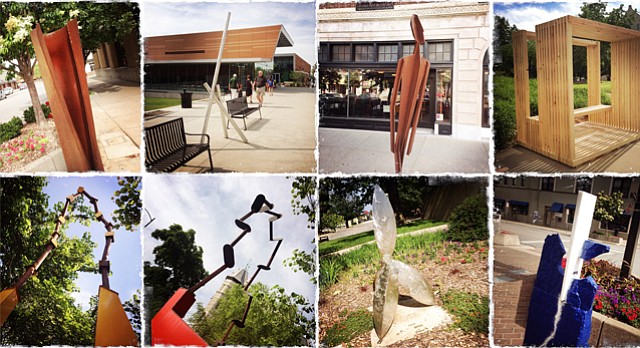 The sculptures in this year’s Downtown Outdoor Sculpture Exhibition are pictured. Top row, from left: “Fault Plane” by Kristin Garnant; “Silueta” by V. Skip Willits; “Homage to L’Homme Qui Marche” by John Merigian; “bench (basics)” by Matthias Neumann. Bottom row, from left: “Wedges 3” by Matt Moyer; “Kubota Orange Dinosaur” by Moyer; “Point in Time” by V. Skip Willits; “INTERCESSION 13 (Yang)” by Nancy Lovendahl.