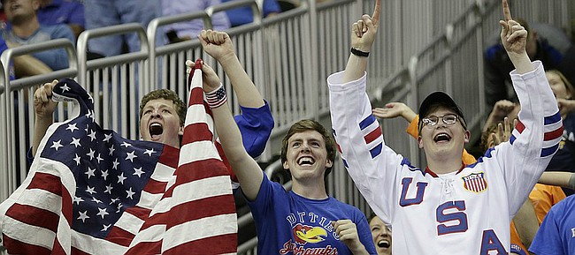 Kansas fan celebrate a Team USA  91-83 exhibition game win against Canada Tuesday, June 23, at the Sprint Center in K.C., MO.
