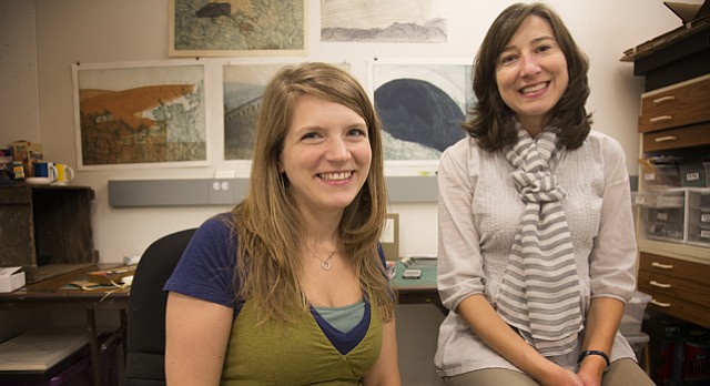 From left, printmaker Amanda Maciuba and ceramicist Christy Wittmer are artists in residence at the Lawrence Arts Center for 2015-16.