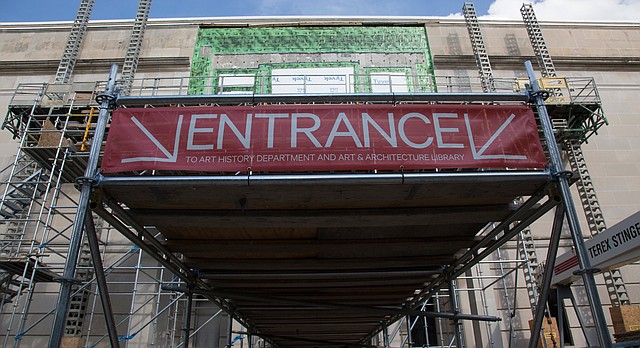 The west entrance of Kansas University's Spencer Museum of Art is covered with scaffolding as work on a total renovation of the museum continues Wednesday, Sept. 16, 2015.