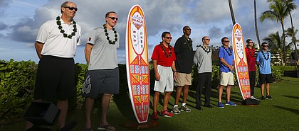 Kansas head coach Bill Self, third from the right, is pictured with the other 2015 Maui Invitational coaches as they gather for a photograph following a press conference on Sunday, Nov. 22, 2015 outside the Sheraton Maui. At left is Kevin Stallings, Vanderbilt, Chris Mullin, St. John's, Tom Crean, Indiana, Danny Manning, Wake Forest, Eric Bovaird, Chaminade. Right of Self are Dave Rice, UNLV and Steve Alford, UCLA.