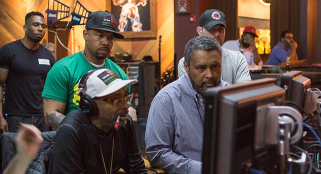 Director Spike Lee, left, and co-writer and Kansas University professor Kevin Willmott are pictured on set during the filming of ‘Chi-Raq’ in Chicago in 2015. The film, which opened in limited release in theaters last month, is an adaptation of the classic Greek comedy “Lysistrata” about gun violence in present-day Chicago.