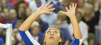 Kansas sophomore Ainise Havili concentrates as she makes a set during the Jayhawks' volleyball match against in-state rival Kansas State Wednesday, Sept. 23, 2015 at the Horejsi Center. The Jayhawks bested the Wildcats, 3-1, and improved to 13-0 on the year.