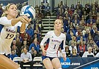 Kansas' Tiana Dockery (7) and Anna Church (1) watch as junior Maggie Anderson (19) keeps the ball in play during Kansas' second round NCAA volleyball tournament match against Missouri on Friday night at the Horejsi Center. The Jayhawks sent the Tigers packing with a three set sweep. 
