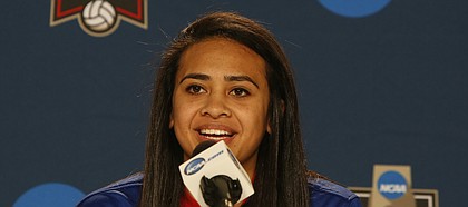 Kansas University volleyball player Ainise Havili talks to the media on Wednesday, Dec. 16, 2015. in Omaha, Nebraska.