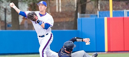 Kansas shortstop Matt McLaughlin makes a throw to first after getting the out at second base on Murray State's Kipp Moore during the Jayhawks' game against Murray State on Tuesday afternoon at Hoglund Ballpark.
