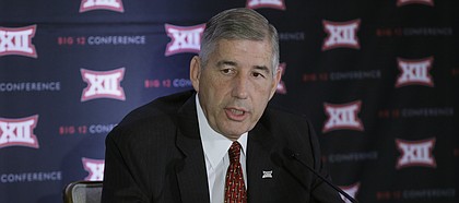 Commissioner of the Big 12 Bob Bowlsby speaks to reporters after the first day of the Big 12 sports conference meeting in Irving, Texas, Wednesday, June 1, 2016. (AP Photo/LM Otero)