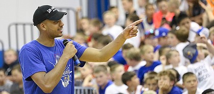 Kansas University forward Landen Lucas addresses campers during Bill Self's basketball camp Monday, June 6, 2016.