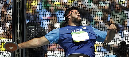 United States' Mason Finley, a former University of Kansas athlete, makes an attempt in the men's discus throw final during the athletics competitions of the 2016 Summer Olympics at the Olympic stadium in Rio de Janeiro, Brazil, Saturday, Aug. 13, 2016.