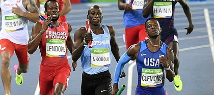 United States' Kyle Clemons, right, competes in a men's 4x400-meter relay heat during the athletics competitions of the 2016 Summer Olympics at the Olympic stadium in Rio de Janeiro, Brazil, Friday, Aug. 19, 2016. (AP Photo/Martin Meissner)