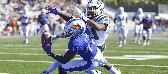 Kansas wide receiver Steven Sims Jr. (11) pulls in a touchdown catch past Ohio cornerback Jalen Fox (21) during the third quarter on Saturday, Sept. 10, 2016 at Memorial Stadium.