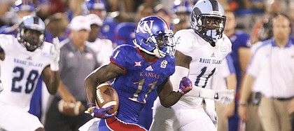 Kansas wide receiver Steven Sims Jr. tears up the field for a touchdown during the third quarter on Saturday, Sept. 3, 2016 at Memorial Stadium.