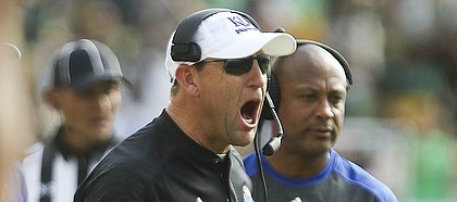 Kansas head coach David Beaty yells at the offense during the second quarter on Saturday, Oct. 15, 2016 at McLane Stadium in Waco, Texas.