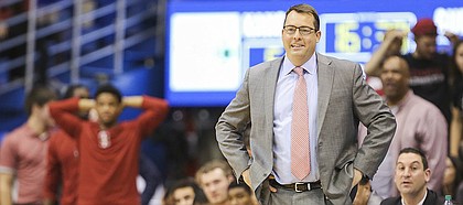 Stanford head coach Jerod Haase smiles during a Kansas run in the second half on Saturday, Dec. 3, 2016 at Allen Fieldhouse.