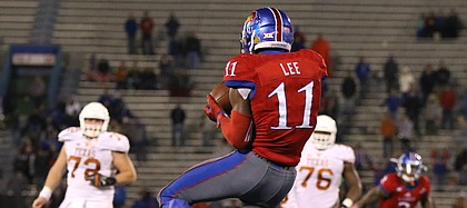 Kansas safety Mike Lee (11) intercepts a pass during overtime on Saturday, Nov. 19, 2016 at Memorial Stadium.