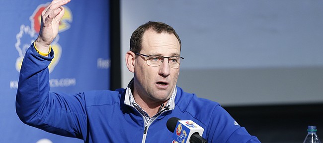 Kansas football head coach David Beaty gives the rundown on his incoming players during a Signing Day news conference at Mrkonic Auditorium in the Anderson Family Football Complex.