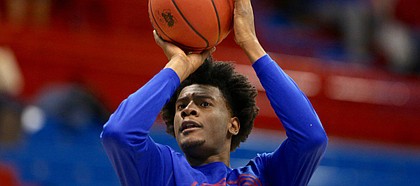 Kansas freshman wing Josh Jackson hoists up a shot prior to Saturday's game against Oklahoma State at Allen Fieldhouse.