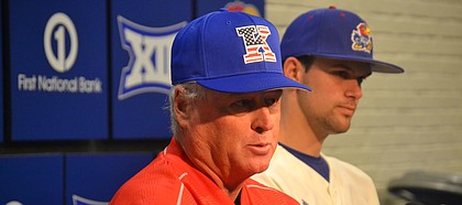 Kansas baseball coach Ritch Price, left, and team captain Stephen Villines speak about the upcoming season at KU's Media Day on Wednesday.