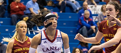 Kansas guard Jessica Washington (3) drives against Iowa State on Tuesday night in Allen Fieldhouse.