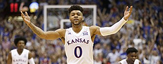 Kansas guard Frank Mason III (0) raises up the Fieldhouse during the Jayhawks' comeback run in the second half, Monday, Feb. 27, 2017 at Allen Fieldhouse.