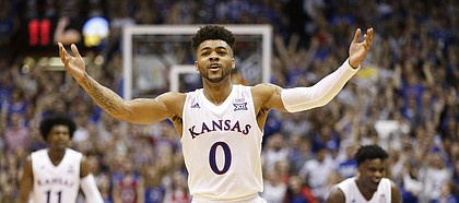 Kansas guard Frank Mason III (0) raises up the Fieldhouse during the Jayhawks' comeback run in the second half, Monday, Feb. 27, 2017 at Allen Fieldhouse.