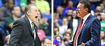 KU coach Bill Self, right, will face off against longtime friend and foe Tom Izzo, left, for the 13th time in his career Sunday, March 19, 2017, during the Jayhawks' second-round NCAA Tournament clash with Michigan State in Tulsa, Okla.