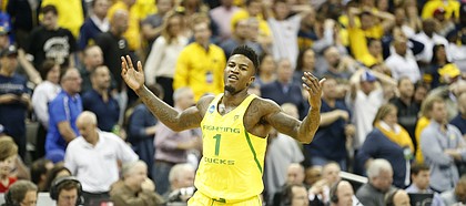 Oregon forward Jordan Bell (1) celebrates following the Ducks' win, Thursday, March 23, 2017 at Sprint Center in Kansas City, Mo.