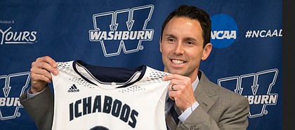 Brett Ballard is introduced as the new head coach at Washburn University during a press conference on Monday, April 10, 2017. Ballard is replacing Bob Chipman, who led the Ichabods with over 800 wins in his 38 years as Washburn's head coach.