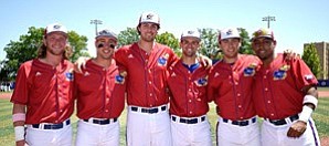 The KU baseball program's six seniors pose together one final time before the home finale Sunday, May 14 at Hoglund Ballpark. KU lost the series finale to K-State, 10-3, but won the series 2-1, giving the Jayhawks their first series win over the Wildcats since 2014.