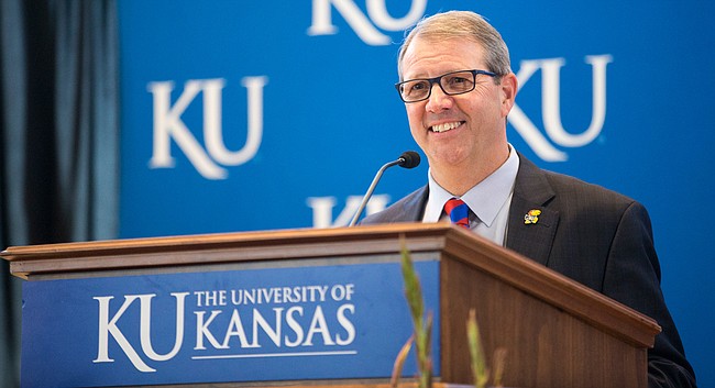 Dr. Doug Girod, executive vice chancellor of the KU Medical Center, speaks with media members after being named as the 18th chancellor of the University of Kansas on Thursday, May 25, 2017 at the Lied Center.
